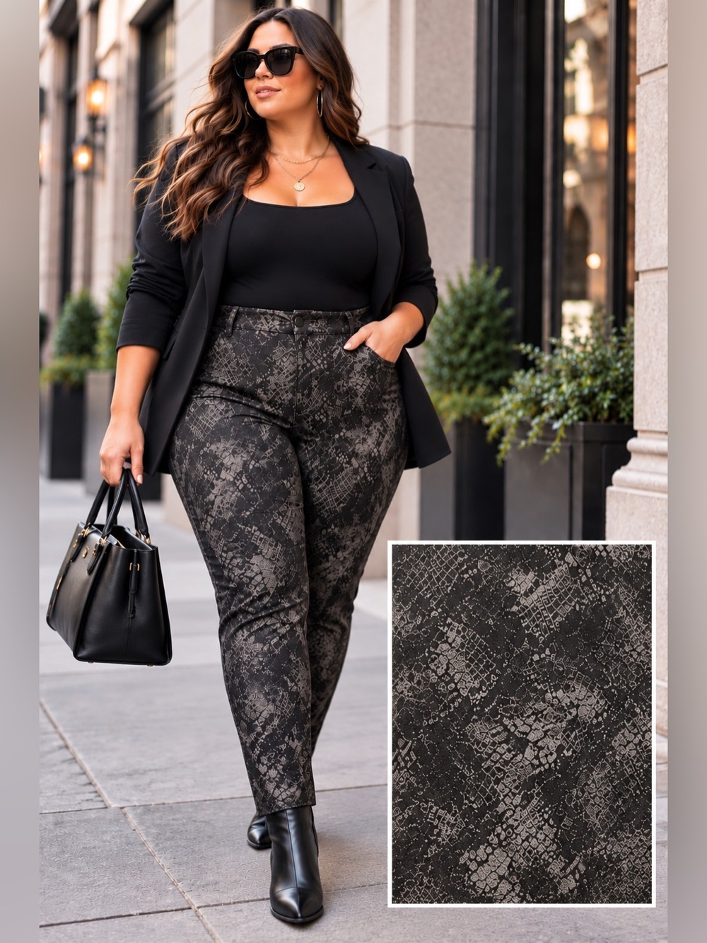 IN EVERY STORY Snake Print Slim Ankle Pants Black Gray Stretch Sz 24 Plus Chic